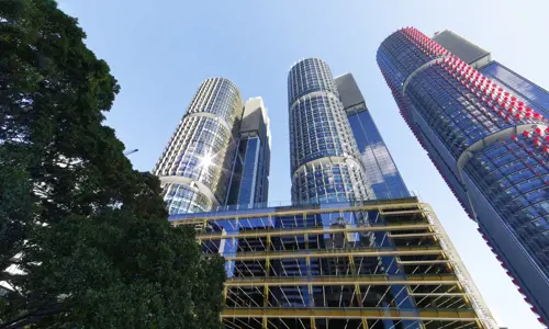 Sydney's Barangaroo Three Towers looking up from street view