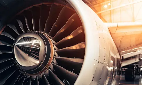 Close up view of plane turbine engine